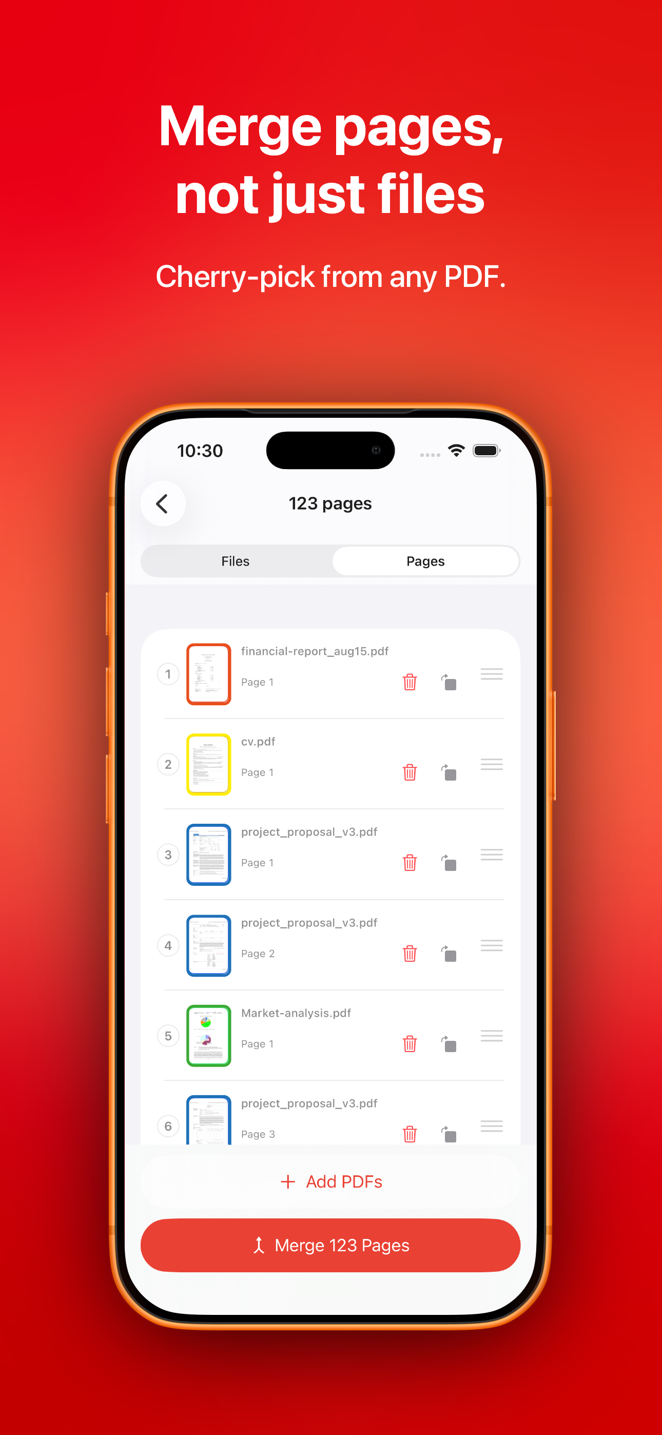 Pages view listing 123 individual pages ready to merge